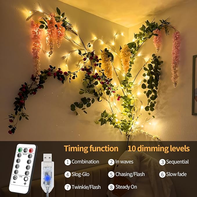 FNHMSL Enchanted Willow Vine Lights, 7.55FT 144LED 2 PCS White Tree Branch Lights for Wall, Remote Timer,8 Light Model,Bedroom Wall Doors Wedding, Christmas, USB Battery Box