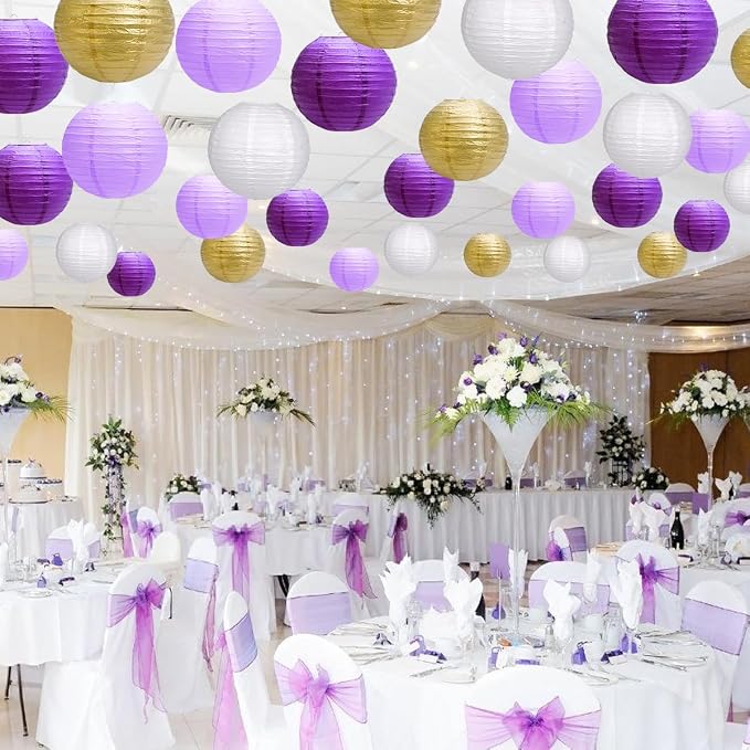 Paper Lanterns Party Decorations, Hanging Round Chinese Lanterns for Graduation Bachelorette Purple Birthday Decorations Pack of 20 Purple Gold