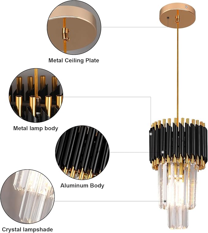 Crystal Chandelier Gold Pendant Light Fixtures Modern Crystal Pendant Light for Kitchen Island D7.5'' Black and Gold Chandelier for Dining Room Bedroom Living Room Hanging Light with a Bulb
