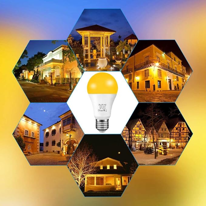 Amber Yellow LED Light Bulb, 7W Dusk to Dawn Bulbs 40W Equivalent A19 Auto on/Off LED Bulbs Outdoor Lights 580 Lumens Porch Lights(Non-Dimmable,E26,2200K,2 Pack)