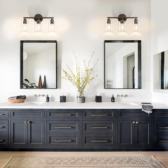 3-Light Bathroom Vanity Light, Clear Glass & Brown,17.3" | Modern Wall Lamp, For Mirror