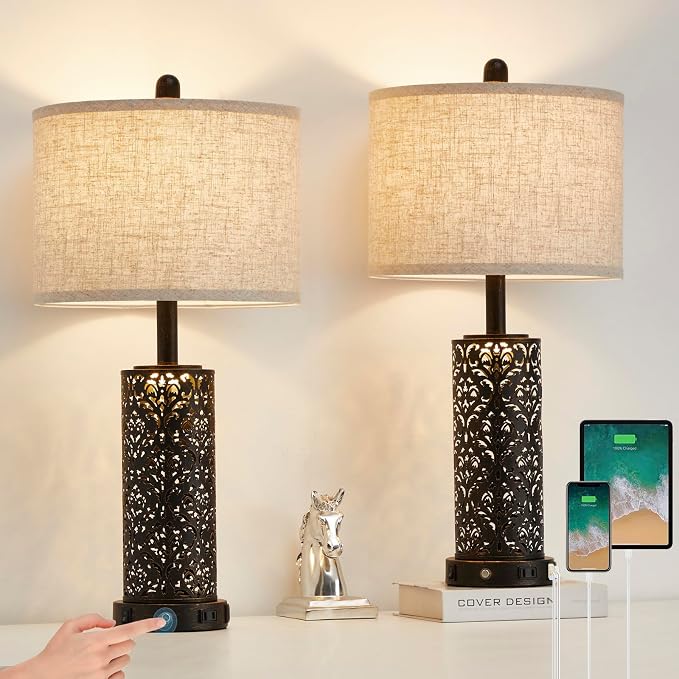 SAIWEYA 26" Set of 2 Farmhouse Table Lamp for Bedroom, Dimmable Touch | 3 Way Dimmable, 2 USB Ports + AC Outlet Bedside Lamp for Nightstand, LED Bulb Included, Fabric Shade, Flower Metal Body