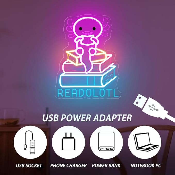 Axolotl Reading Neon Sign, Book Lover LED Light for Classroom Decor | Reading Corner, Classroom Decor, Book Nook, Library Display, Teacher Gift, Cozy Study Space, USB Powered, Soft Glow