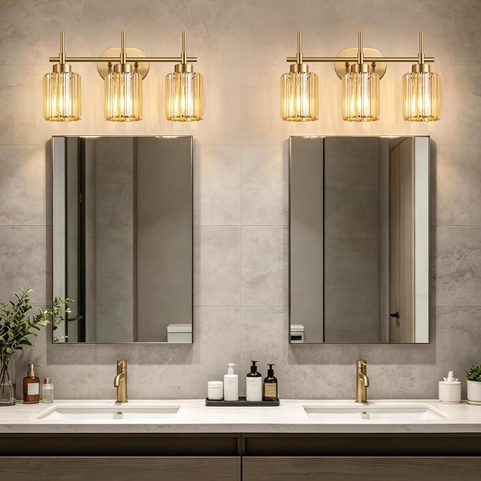 Modern Crystal Bathroom Light Fixtures Over Mirror, 3-Light Brushed Gold Bathroom Vanity Light with Amber Glass Shades, Modern Vanity Lights for Bathroom, E26 Base, Bulbs Not Included