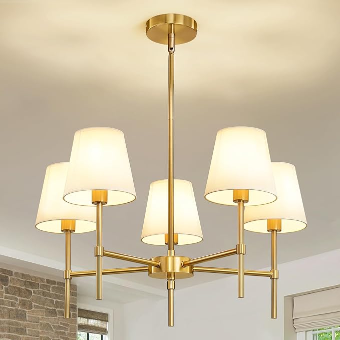 Dining Room Chandeliers Light - 5-Light Gold Modern Chandeliers Light Fixtures with White Fabric Shade, Height Adjustable Pendant Island Light for Entryway Farmhouse