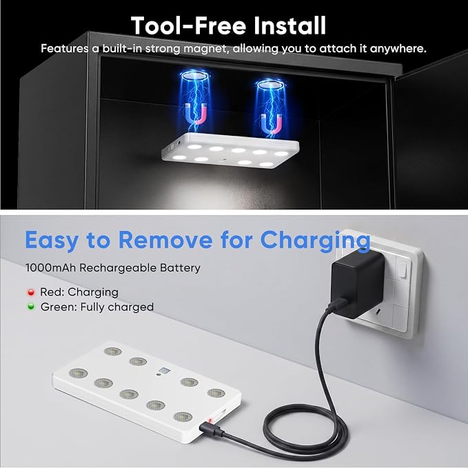 VST 2-Pack Rechargeable Gun Safe Lights Motion Activated Magnetic with USB | 9 Leds Ultra Bright Battery Powered Under Cabinet Light for Cupboards, Closet, Car Trunk, Kitchen, Garage,Wardrobe