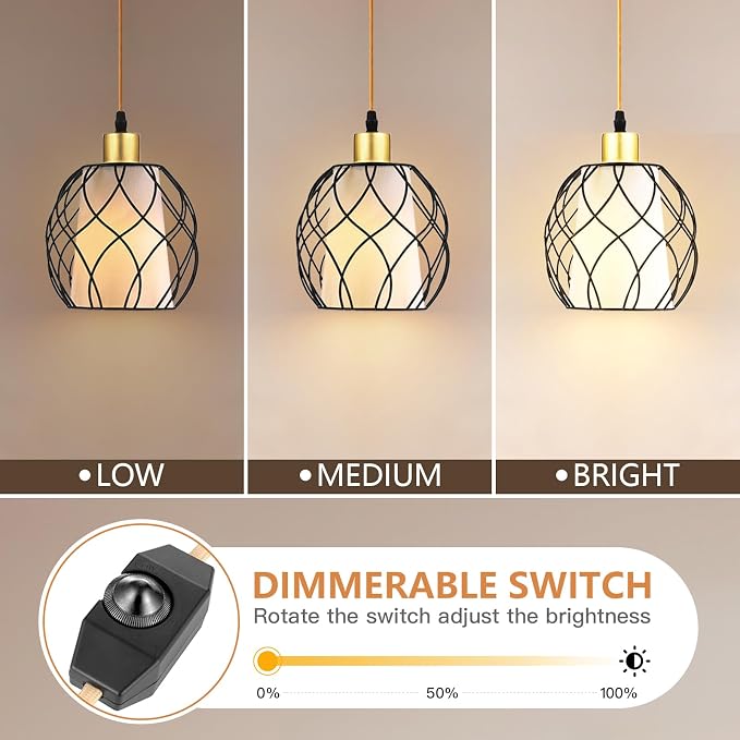 Plug in Pendant Light, Black Farmhouse Hanging Lights with Linen Shade, 15ft Golden Cotton Cord, Industrail Ceiling Lamp with Dimmable Switch, for Kitchen Island Living Room (Bulb Included)