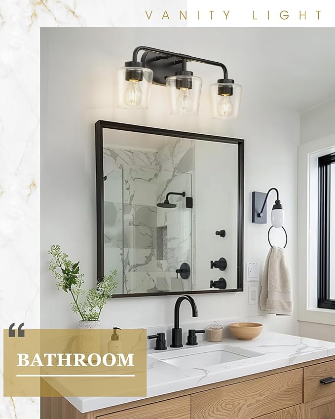 3-Light Matte Black Bathroom Light Fixtures, AD-22004-3W-BK-C | Bathroom Vanity Lights Over Mirror with Clear Glass, Modern Vanity Lighting Fixtures
