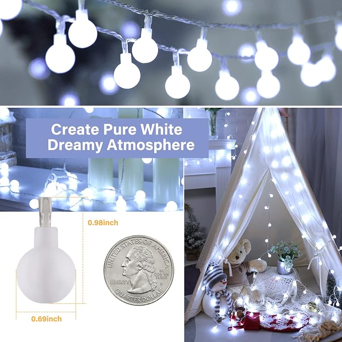 Minetom Globe String Lights, 66 Feet 200 Led Fairy Lights Plug in, 8 Modes with Remote Mini Globe Lights for Indoor Outdoor Bedroom Party Wedding Garden Christmas Tree Decor, Pure White