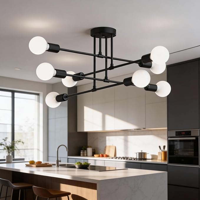 Modern Sputnik Chandelier Ceiling Light Fixtures, 8-Lights Mid Century Industrial Metal Semi Flush Mount for Dining Room, Bedroom, Living Room-Black