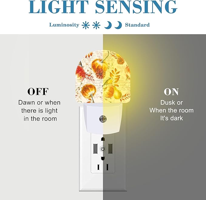 Autumn Fall Pumpkins and Leaves Night Light Plug into Wall with Dusk to Dawn Sensor Cute Nightlight for Kid Girls Boys Women Men Room Decor, Hallway, Kitchen, Bathroom, Nursery, Stairs
