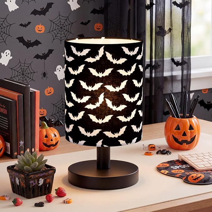 Halloween Bat Kids Table Lamp for Bedroom Kids Bedside Lamp with Linen Wooden Nightstand Cartoon Nursery Lampshade for Girls Boys Living Room