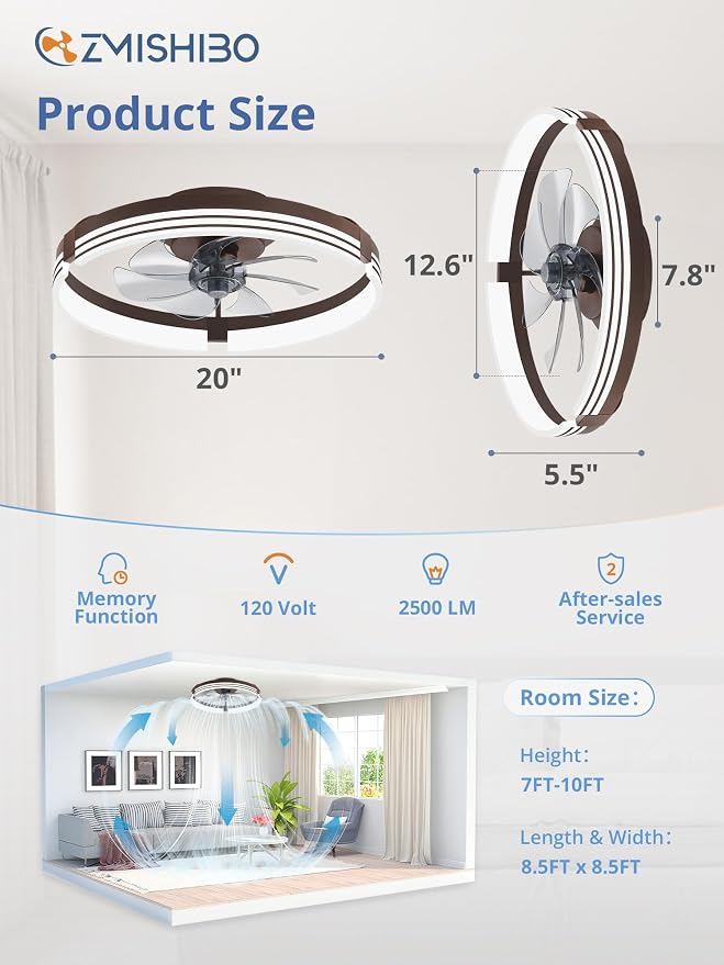 ZMISHIBO Low Profile Ceiling Fans with Lights and Remote, 20" Brown | 3000K-6000K Dimmable Fandelier LED, Flush Mount, 6 Wind Speeds, Reversible, Timer, Bedroom, Living Room, Kitchen, Kids Room