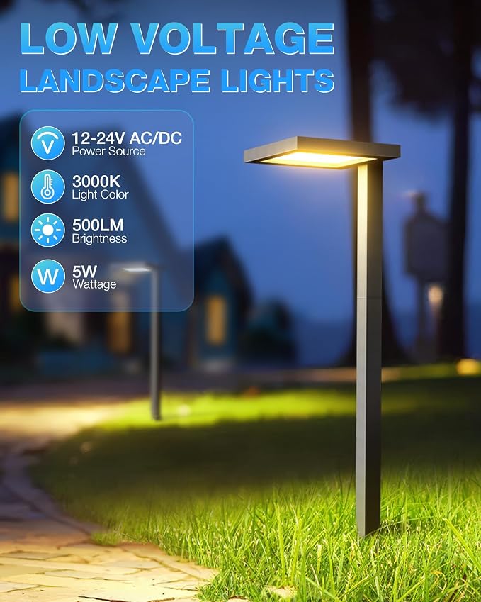 SUNVIE 5W 3000K LED Low Voltage Landscape Pathway Lights Black, 4 Pack | Wider Coverage, Anti-Glare, Waterproof, 12-24V AC/DC, Die-Cast Aluminum Outdoor Landscape Lighting for Walkway with Connector