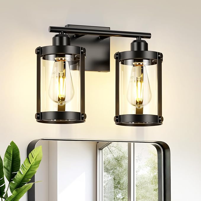 2-Light Black Bathroom Light Fixtures, 13.8 Inch Modern Bathroom Vanity Lighting Fixtures Over Mirror with Clear Glass and Metal Cage Wall Sconce Lights for Bath, E26, OS-3014BK-2W