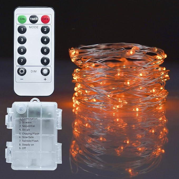 Twinkle Star LED String Light, 5 Inches, Orange, 1 Pack | Battery Operated, Waterproof, Remote & Timer, 8 Lighting Modes, Indoor Outdoor Halloween Wedding Party Decorations