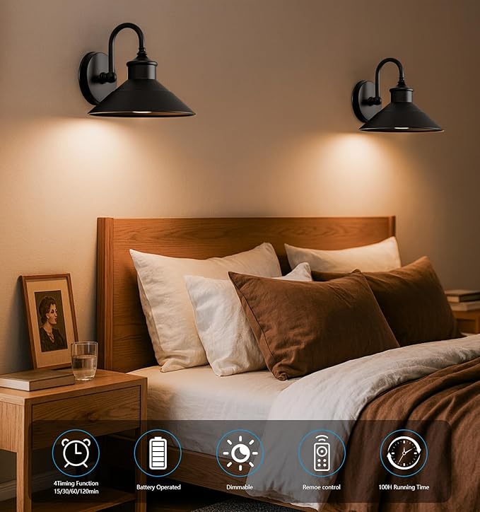 JOESA Battery Operated Wall Sconce Set of 2, Black Vintage Wireless Industrial Cordless Battery Powered Wall Sconces, for Bedroom Farmhouse Gallery