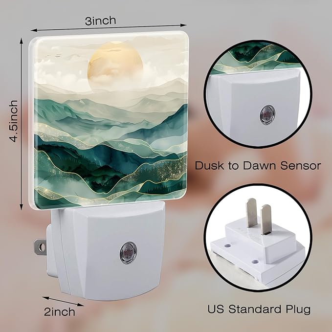 Golden Mountains with Sun Night Light for Kids,Watercolor Sunrise Mountain Night Light Plug in with Dusk to Dawn Sensor,0.5w Energy Saving Nightlight for Hallway Stairway Kitchen Bedroom