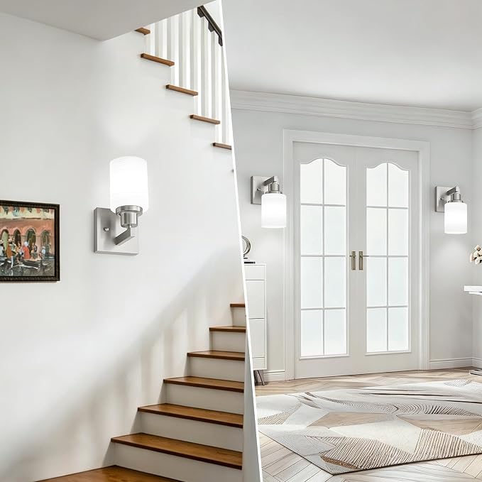 Bathroom Wall Sconces Set of 2,Brushed Nickel Wall Sconce,Vanity Light with White Glass Shade Wall Mounted Light Fixture,Farmhouse Wall Lamp for Bedroom Living Room Mirror Hallway