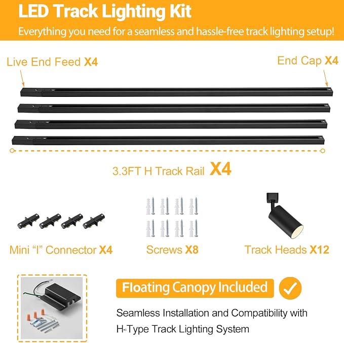 VANoopee 12-Light GU10 LED Track Lighting Kit, Black (No Bulbs) | 13FT H Type Track Lighting Rail, Floating Canopy Connector, Modern Kitchen Track Lighting Fixtures Ceiling Spot Light
