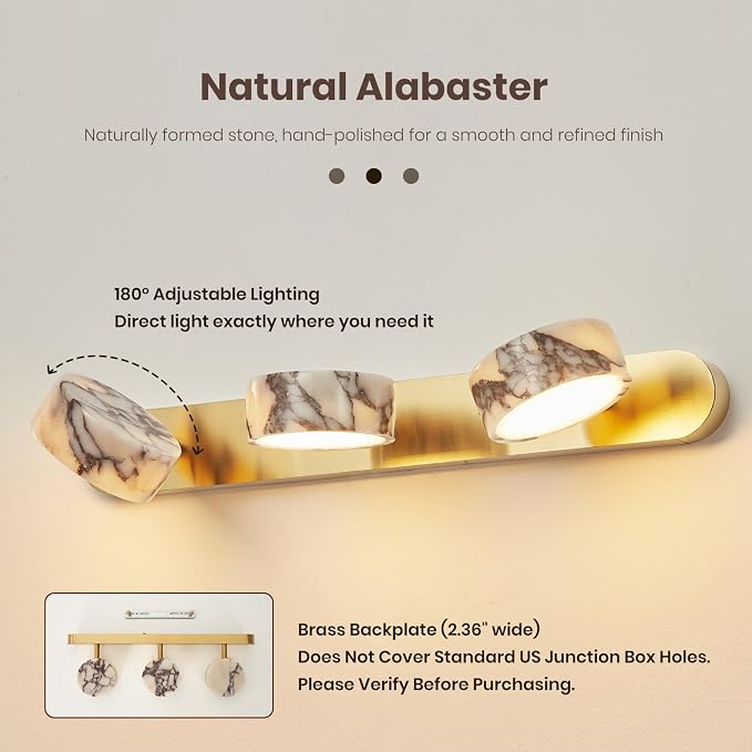 Natural Alabaster Bathroom Vanity Light, 3-Light Adjustable LED Bathroom Light Fixture with Gold Metal Base, 180° Rotatable Marble Wall Sconce for Bathroom Over Mirror, Hallway