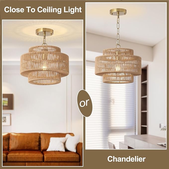 12.4" Large Boho Rattan Farmhouse Chandeliers for Dining Room, Rattan Hand-Woven Rustic Drum Chandelier Pendant Light Fixture for Kitchen Island Bedroom Living Room Entryway Foyer