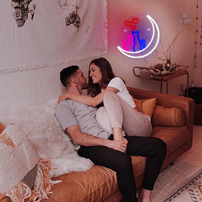Two Cats on Moon Neon Sign Christmas Cat Cute Couple Kittys Neon Lights for Wall Decor,Kawaii Animal 3D LED Neon,USB Light Up Signs for Girls Bedroom Bar Home Party Valentine's Day Cat Lovers Weddings