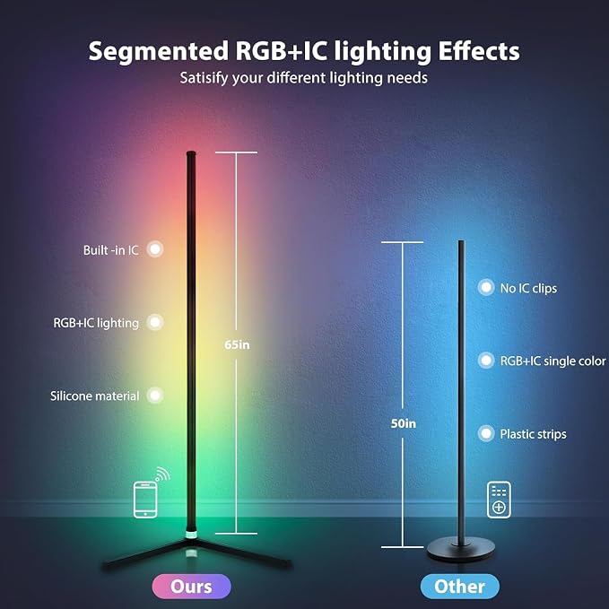 WISIMMALL 2PCS RGB Corner Floor Lamp, 64.5" RGB Color Changing Mood Light Bluetooth APP and Remote Control Music Sync LED 398 Dimmable Modes Modern Floor Lamp for Living Room, Light Timing