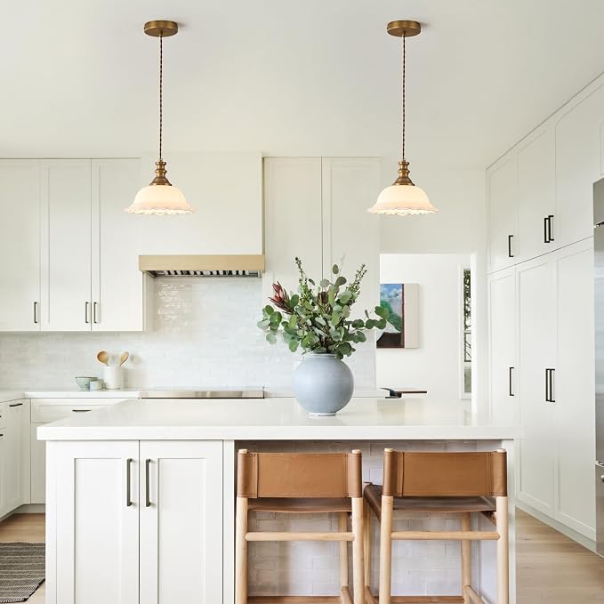 HDDFL Glass Pendant Lights Modern Pendant Lighting Fixtures Hanging Lamp for Kitchen Island Bedroom Dining Room Coffee Shop Hallway White and Brass 2 Pack