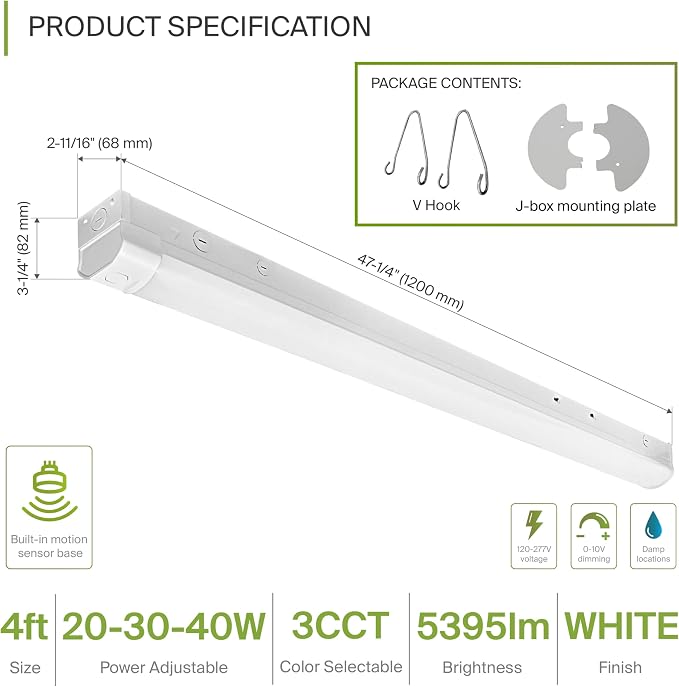 ASD 4ft LED Linear Strip Light Fixture with Q-Base | UL DLC Stairwell Certified Luminaire 20W-40W 120-277V Linkable LED Shop Light | 3500K-5000K Adjustable Commercial Ceiling Lighting