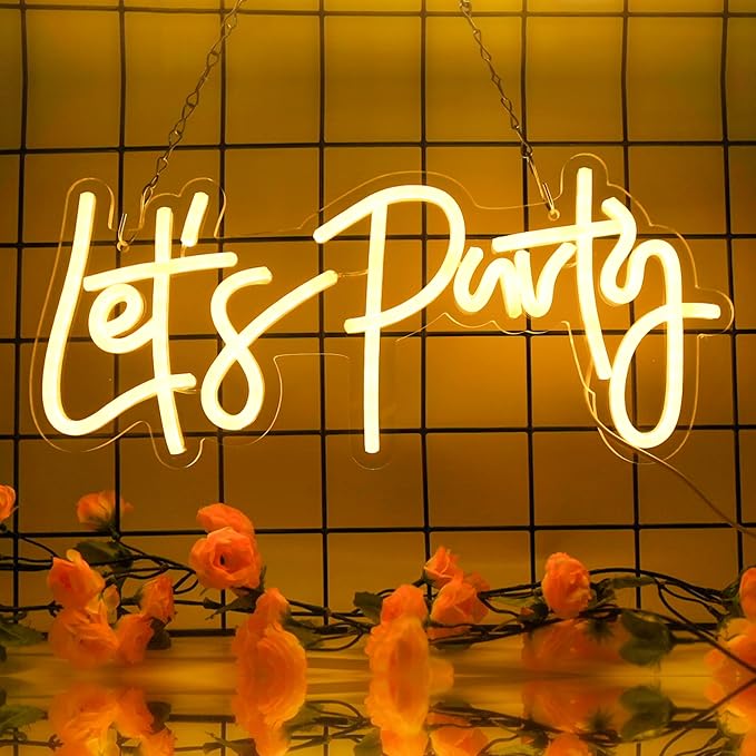 Let's Party Neon Sign, USB Powered Led Light for Birthday Party Bar Decor | for Pub Prom Wedding Festival Events Graduation Decorations, Dimmable, Portable, Easy Hanging Install, 15.7in, Warm White