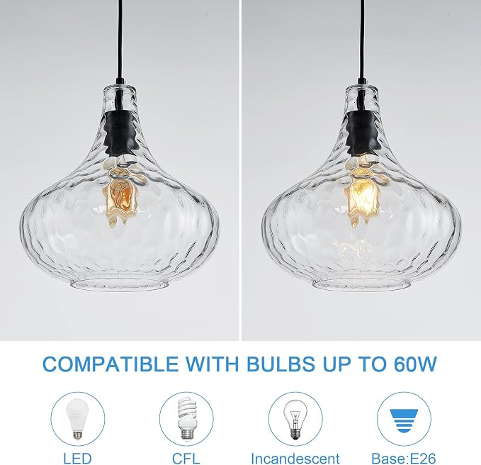 11 Inch Hammered Glass Pendant Light Black Farmhouse Ceiling Lamp | Diffuse soft lighting, adjustable hanging cord, E26 base, perfect decorative fixture over sink kitchen island & dining space