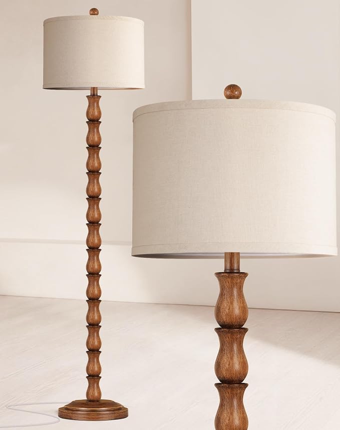63.5" Rustic Floor Lamp for Living Room, Farmhouse Floor Lamp with Rotary Switch & Linen Shade, Vintage Resin Tall Standing Lamp for Bedroom Corner Office Home Decor, Light Walnut (LED Bulb Included)