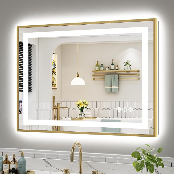 40x30 Inch LED Bathroom Mirror with Gold Frame, Backlit & Front Lit | Anti-fog, 3 Color Dimmable, Memory Function, HD Reflection Tempered Glass, ETL Listed, IP54 Waterproof