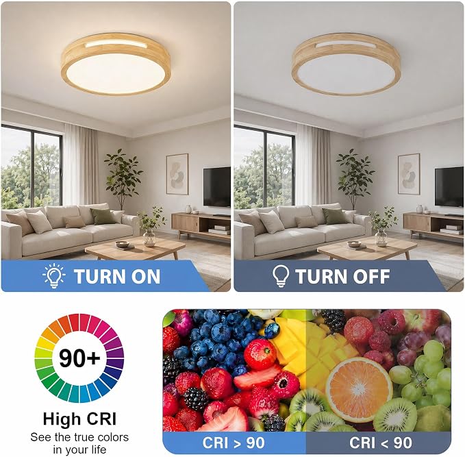 Pevfah Modern Wood Flush Mount Ceiling Light, Round Dimmable Close to Ceiling Lighting Fixtures, Minimalist LED Ceiling Lamp for Bedroom, Kitchen, Hallway, Laundry Room, 2700K-6000K 5CCT, 15.74in