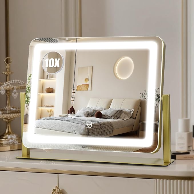 Rechargeable Vanity Mirror with Lights, 3000mAH Battery, 16"×12.4" LED Makeup Mirror, 10X Magnification, Smart Touch with 3-Color Lighting, 360° Rotation, Lighted Up for Makeup Desk, Bedroom (Gold)