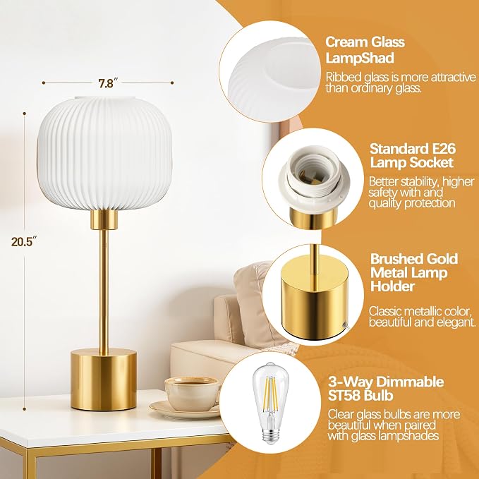 QiMH Glass Table Lamp for Living Room, Modern Bedside Lamp with Gream Ribbed Glass Shade, 3-Way Dimmable Touch Control Nightstand Lamp for Bedroom, Brushed Gold (2700K LED Bulb Included)