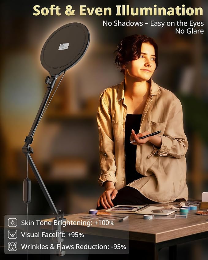 UBeesize 10" Desk Ring Light with Stand, Multi-Angle Adjustable Arm with C-Clamp for Home Office, Streaming Light with Inline Control for Video Conference, Podcast, Gaming, Recording, Live Streams