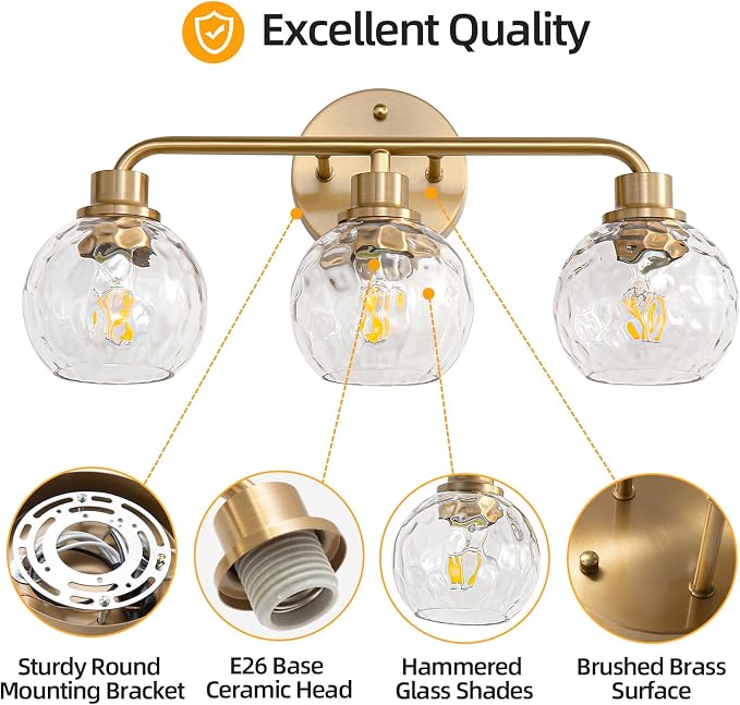 Bathroom Light Fixtures Gold Vanity Light 3 Light Brushed Brass | Wall Sconces Lighting with Hammered Globe Glass Shades Bath Wall Lamp for Mirror Living Room Bedroom Hallway