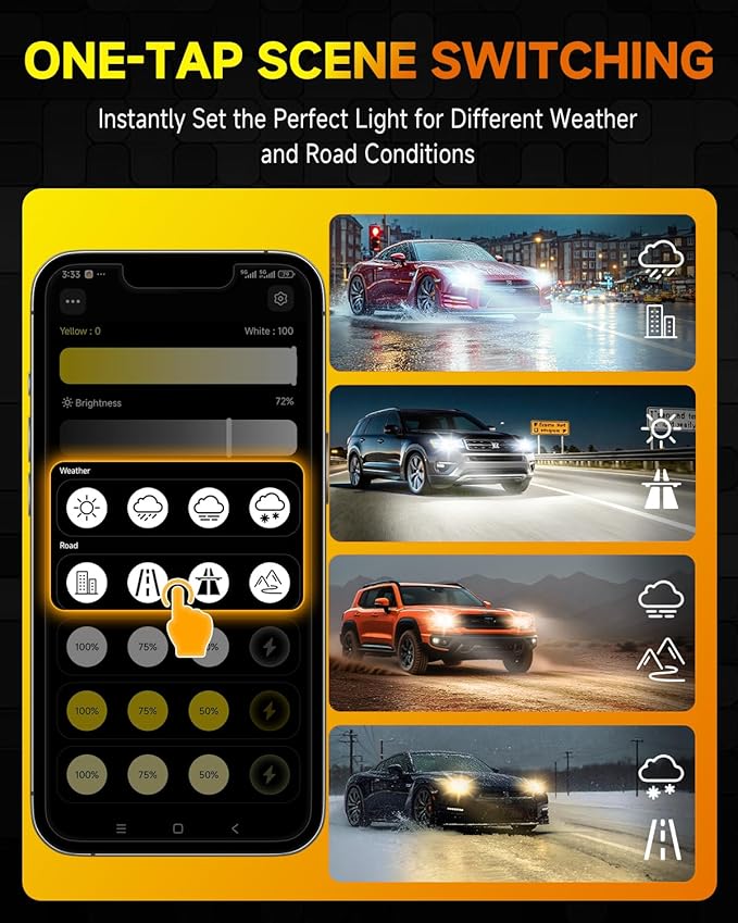 9005/HB3 Smart Bulbs, 0-90,000LM 15X Variable Super Brighter, 3000K-6500K Variable Color Temperature, App Control One-touch Driving Mode Switching for Bluetooth Fog Light, Pack of 2