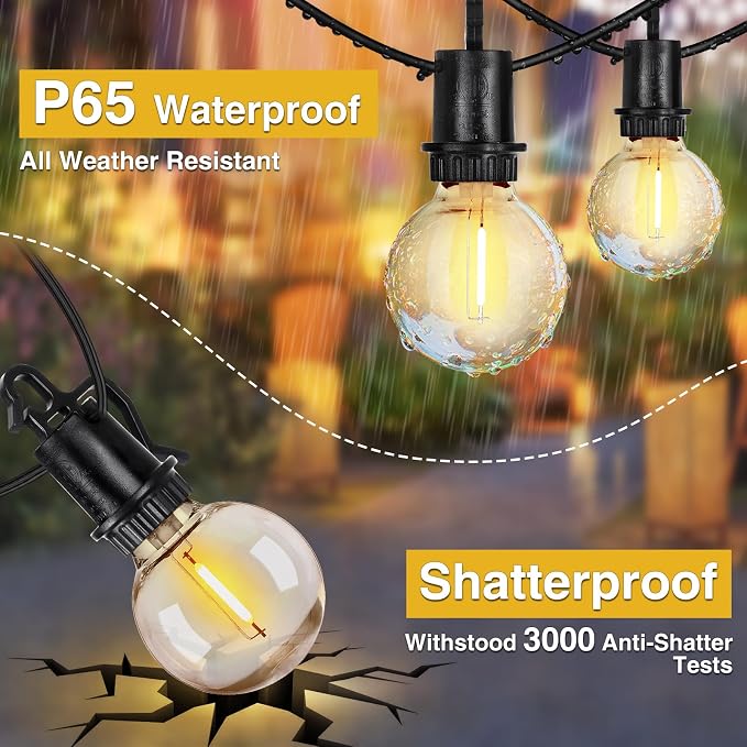 ZJOJO 50FT 26LED Outdoor String Lights, G40 Globe Outdoor Lights | 25 Shatterproof LED Bulbs 2700K,IP65 Waterproof Patio Light for Outside Backyard Cafe Camping Fence