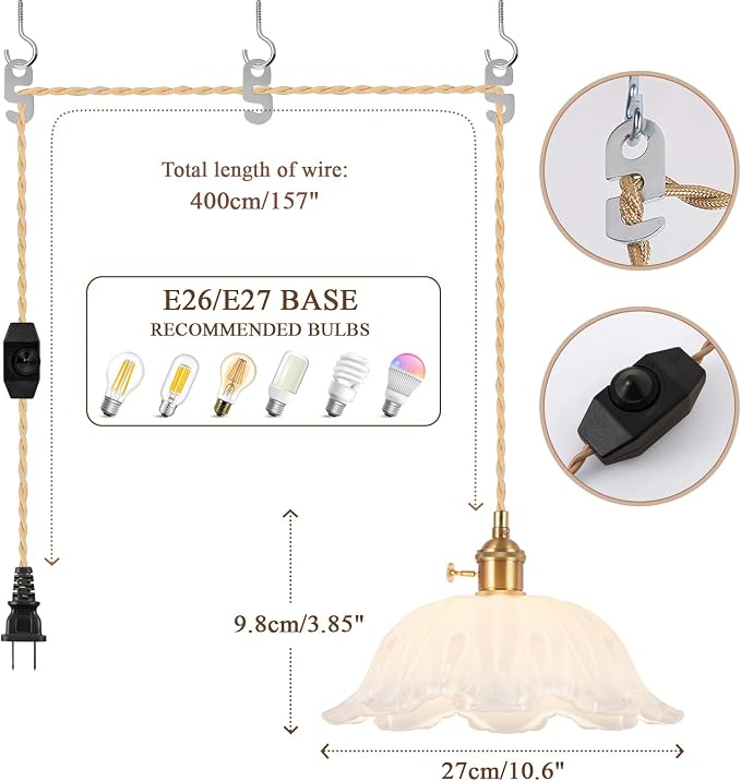 Plug in Pendant Light Fixtures,Hanging Light Fixture Corded On/Off Switch,10.6in E26 White Glass Lampshade Pendant Lighting for Kitchen Island, Bedroom, Dining Room