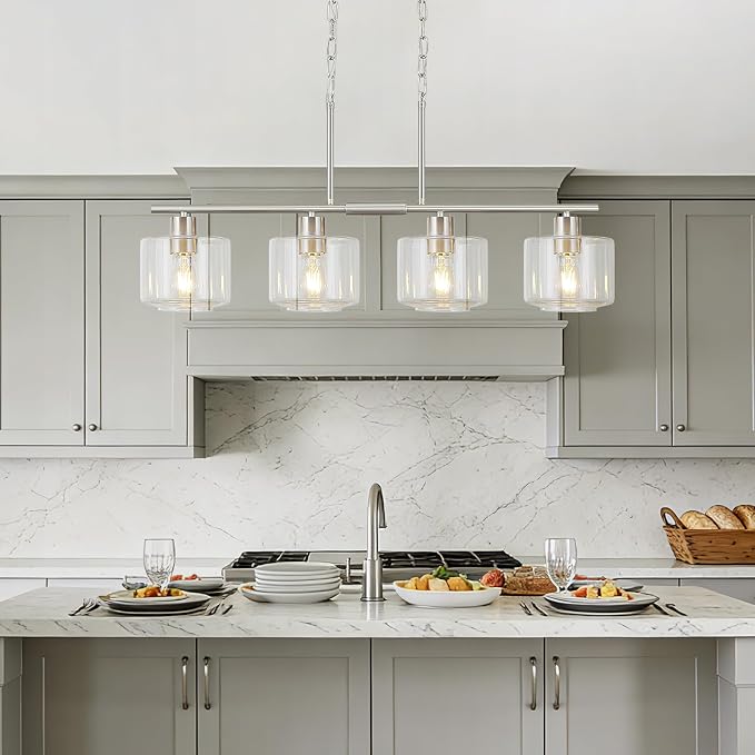 4-Light Brushed Nickel Kitchen Island Lighting, Modern Linear Dining Room Chandelier Light Fixtures with Clear Glass and Chain, Mid Century Hanging Lights for Kitchen Island, OS-YQ8153-4ISBNC