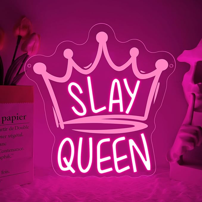 Slay Queen Neon Sign,Pink LED Neon Light Up Signs for Wall Decor,Crown LED Light for Bedroom Preppy Girl Aesthetic Room Dorm Y2k Party Game Room,Gift For Women Girls Teen USB Powered（11.4"*11"）