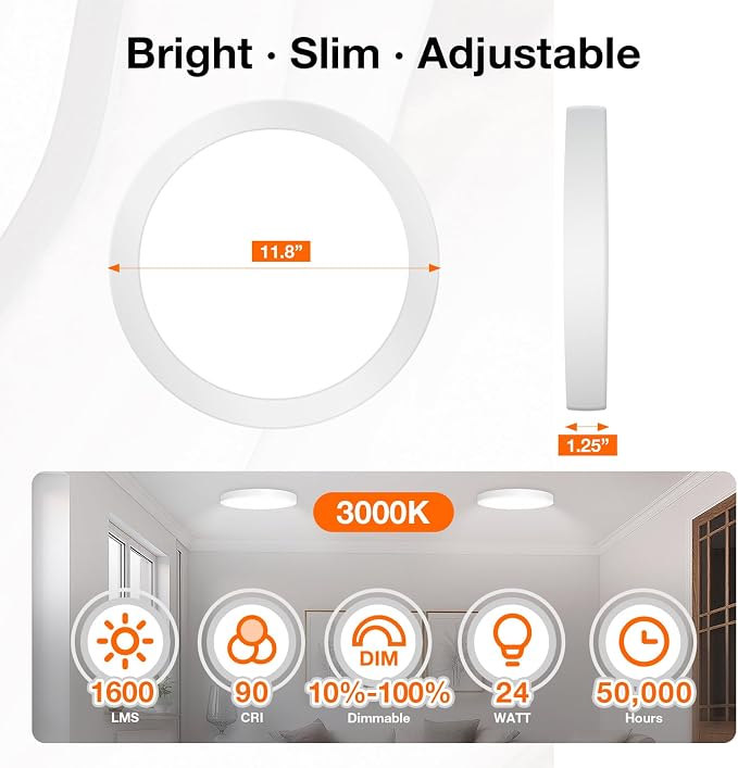 Sylvania 12" LED Flush Mount Ceiling Light Fixture, 24W, 1600 LMS, Hardwired, 3000K, Warm White, White, LED Lights for Bedroom Kitchen Hallway Porch - 1 Pack (66460)