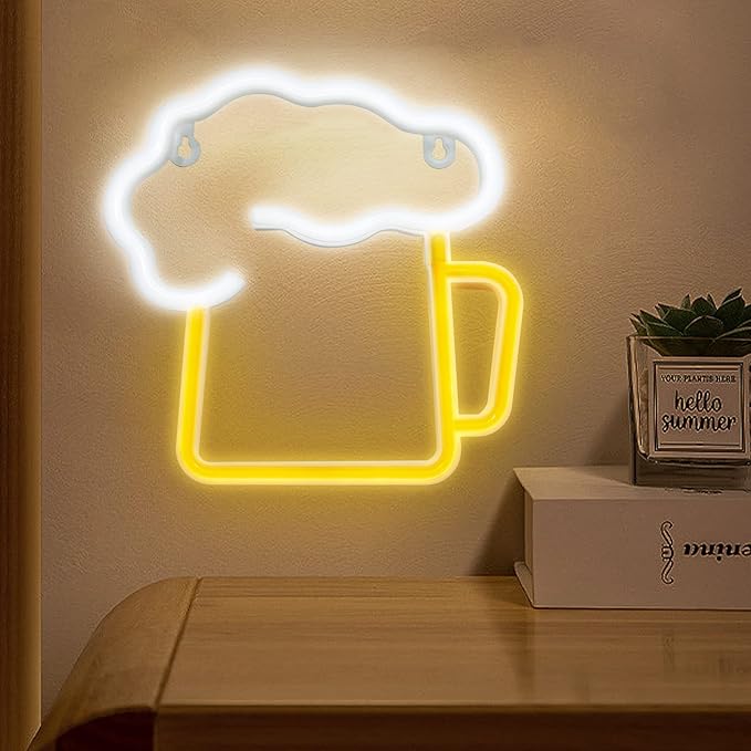 ENUOLI Neon Beer Lights,Battery/USB Operated Night Lights,Yellow White Neon Signs for Wall Decor,LED Beer Signs for Man Cave,Bedroom,Bar,Nightclub,Holiday Celebration Party Decor(8.6''x8.6'')