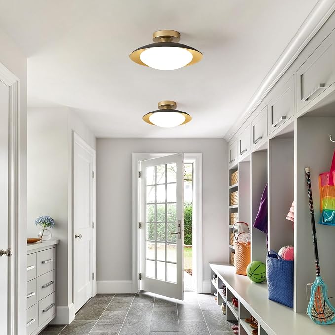 Dimmable Modern Mid-Century LED Ceiling Light, Black and Gold, 12.6 Inch | Semi Flush Mount Ceiling Light, 5CCT 2700K-6000K Lighting Fixture Ceiling Lamp with Glass Shade for Bedroom Hallway Kitchen