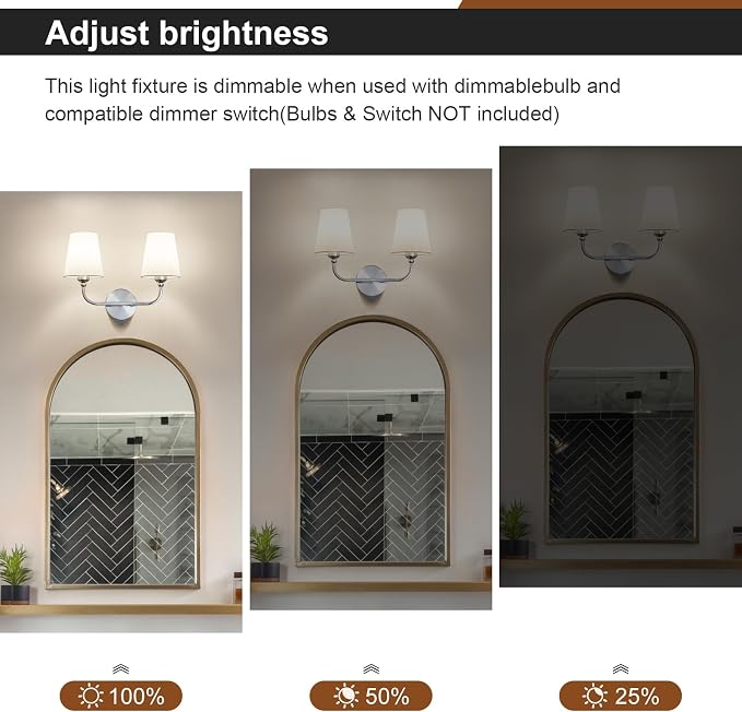 Bathroom Vanity Light Brushed Nickel Bathroom Lighting Fixtures Over Mirror | 2-Light Bathroom Light Fixtures with Flared White Fabric Shade, E26 Socket (ETL Listed)