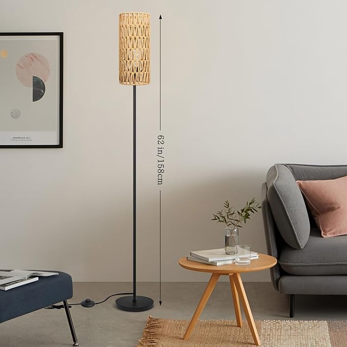 Ruiever Floor Lamp for Living Room,Farmhouse Rattan Floor lamp,Modern Standing lamp with Hand-Worked Rattan Shade,Black Tall Lamp with Foot Switch for Bedroom,Kids Room,Office,LED Bulb is Included.