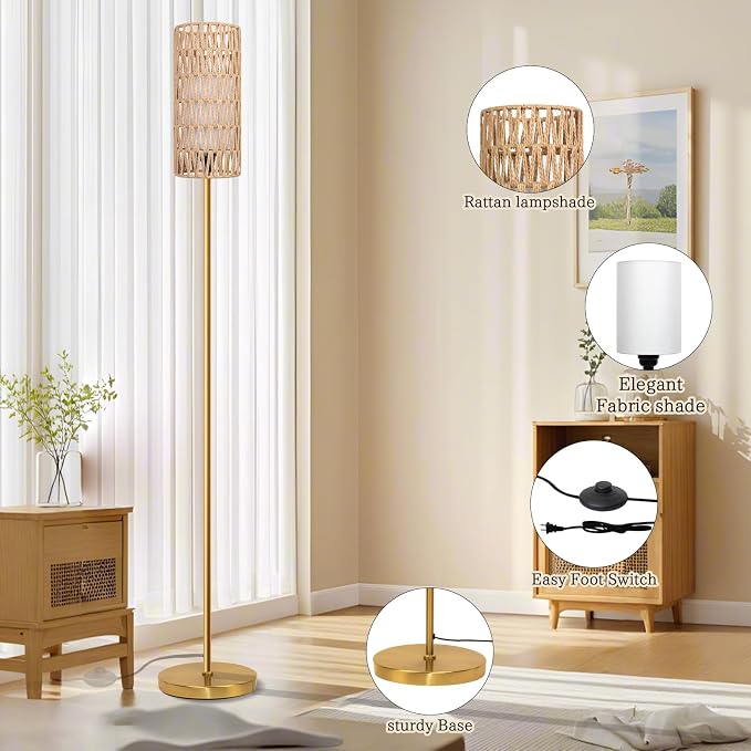 Ruiever Floor Lamp for Living Room,Farmhouse Floor lamp,Modern Standing lamp with Hand-Worked Rattan Shade (Round Rattan Shade Gold Color-3 Color Bulb)
